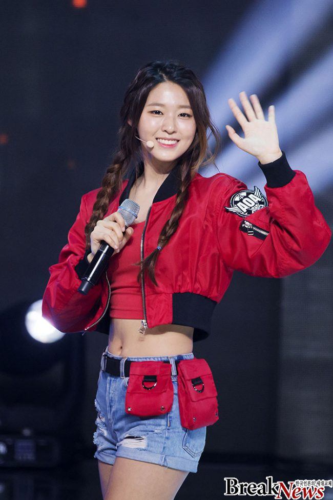 Image: Seolhyun from AOA wearing a red bomber jacket during her 