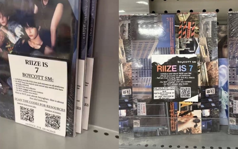 Seunghan粉絲在商店的'RIIZE is 7'抵制貼紙上貼上RIIZE商品